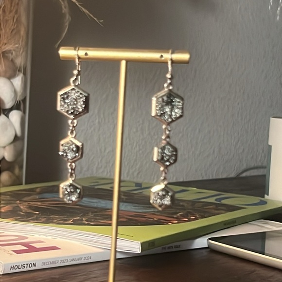 3 tier dangle earrings gold and black sparkle quartz rock octagon shaped 3” long - Picture 9 of 14